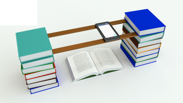 Image de synthèse montrant deux piles de livres, 2 lattes faisant un pont entre les deux piles, un smartphone posé sur les lattes et un livre ouvert en dessous, entre les piles de livres